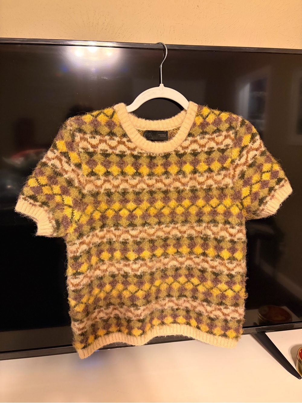 Zara Short-Sleeve Patterned Mohair-Blend Sweater in Yellow, Cream, Brown